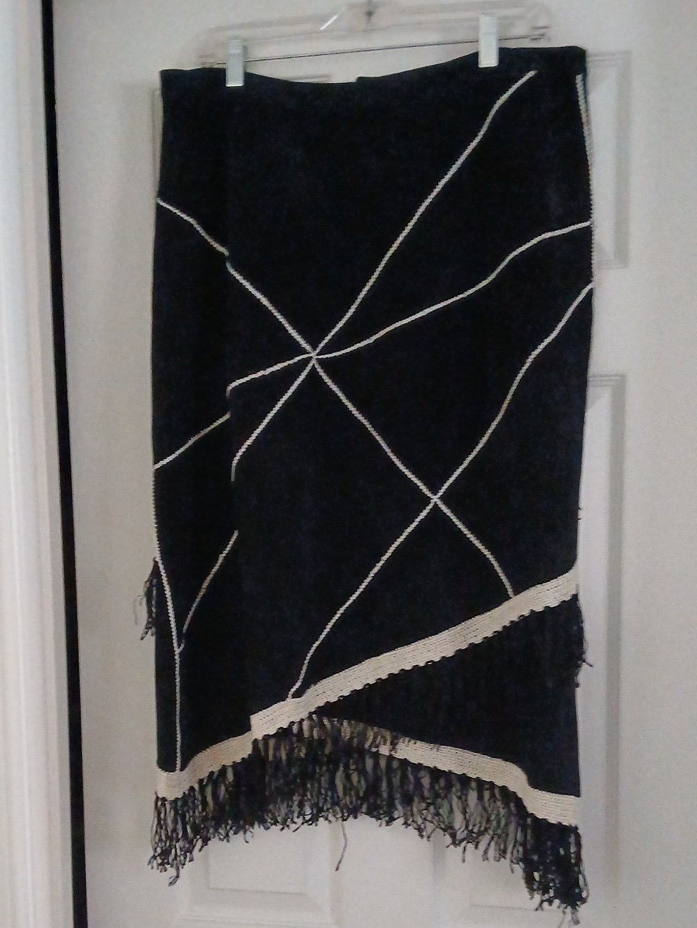 Black Suede Fringe Midi Skirt with White Geometric Stitching